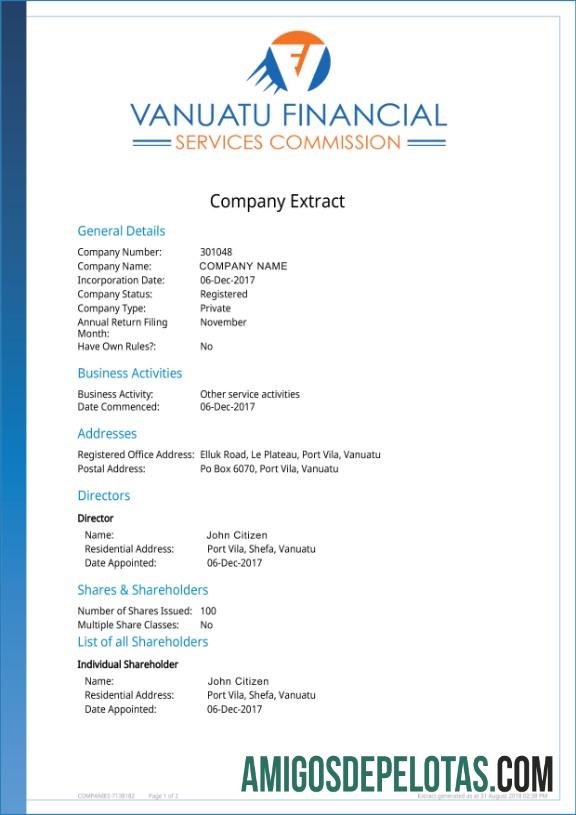 Vanuatu Company Extract amostra